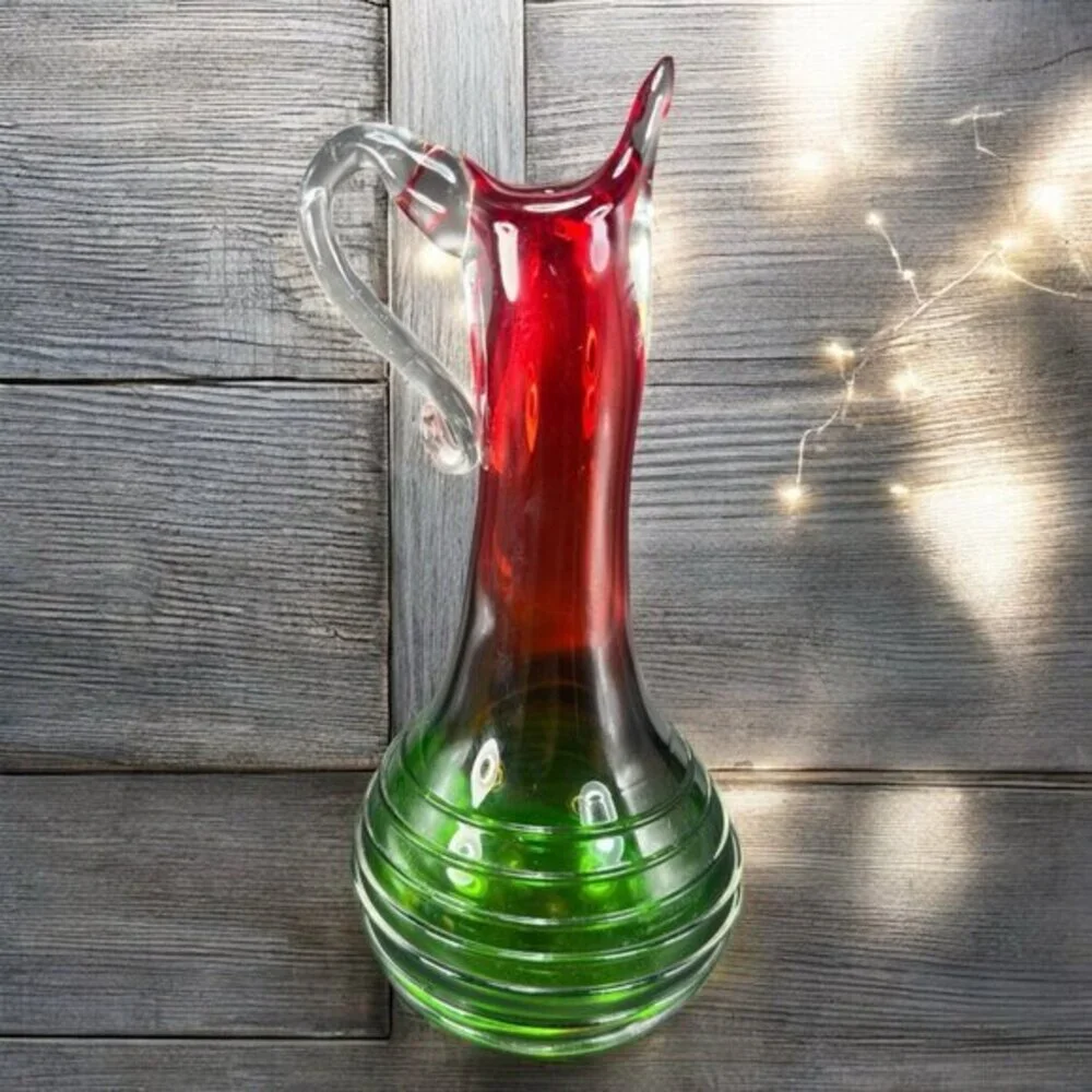 Heavy Hand Blown Glass Pitcher Vase Carafe Multicolor Applied Swirl Glass‎ Decor